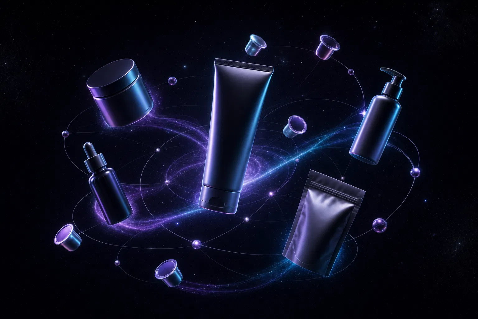 Glowing product sample capsules orbiting in the BrandVerse drops feed